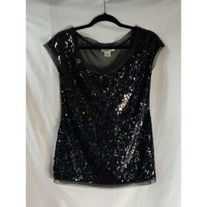 Arden B. Women's S Black Sequin Cap Sleeve Lined Party Blouse Top Y2K